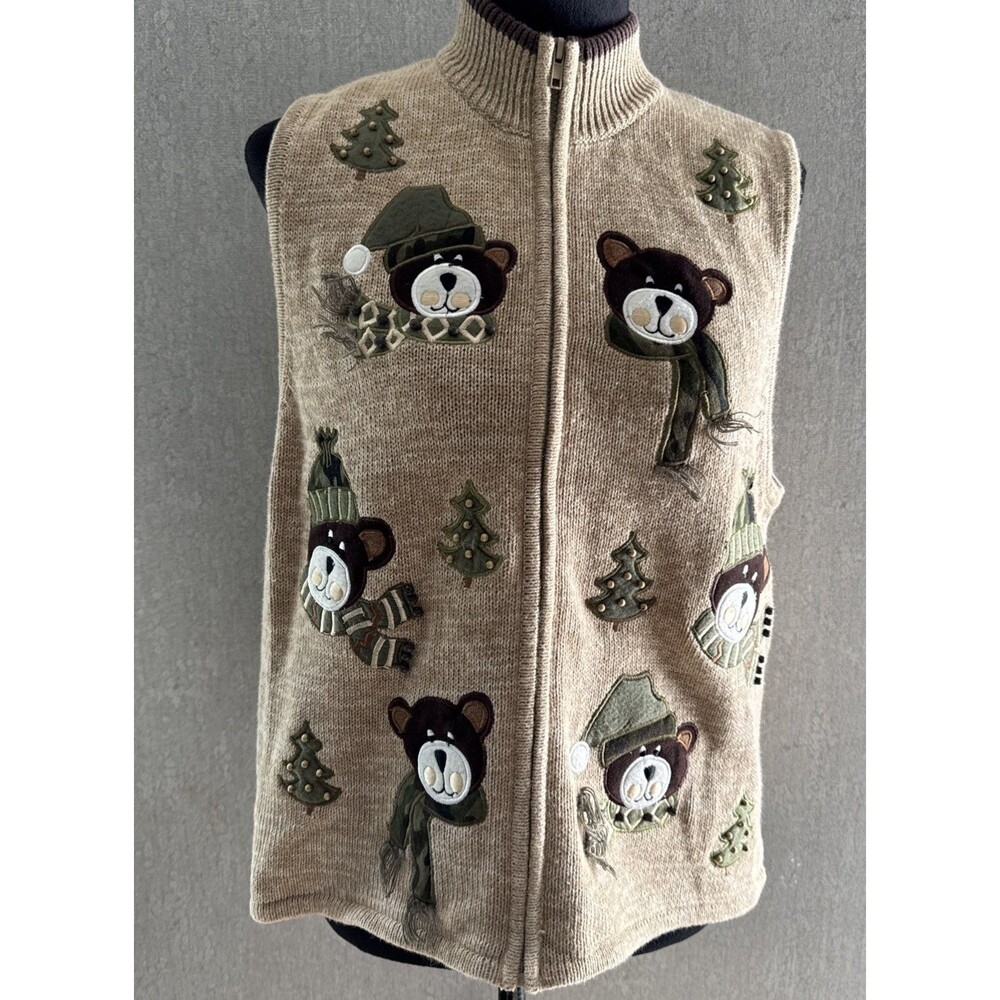 Vintage 90s Heirloom Collectibles Christmas Sweater Vest Large Bear Applique